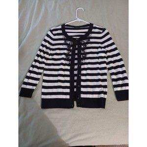 Talbots Women Sweater S Black White Striped Button Up Cardigan Embellished Beads